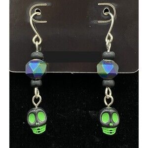 Neon Green & Black Skull with Oil Slick & Flat Black Bead Earrings by Neanie-Bot